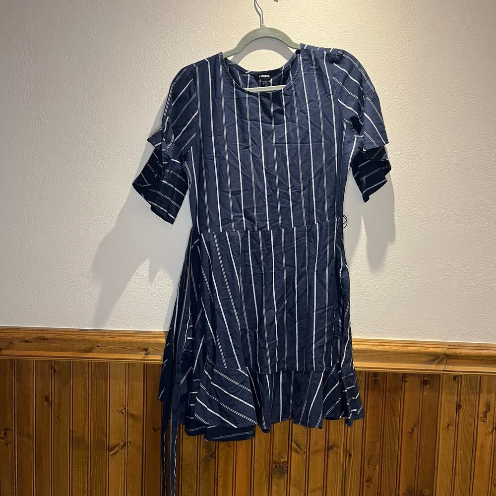 Express Ruffle Striped Mini Dress Sz S Navy White Preppy Casual Coastal